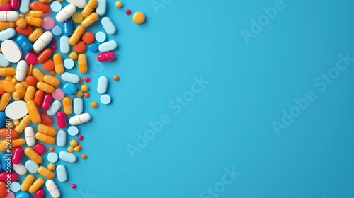 Many colorful pills on a blue background photo