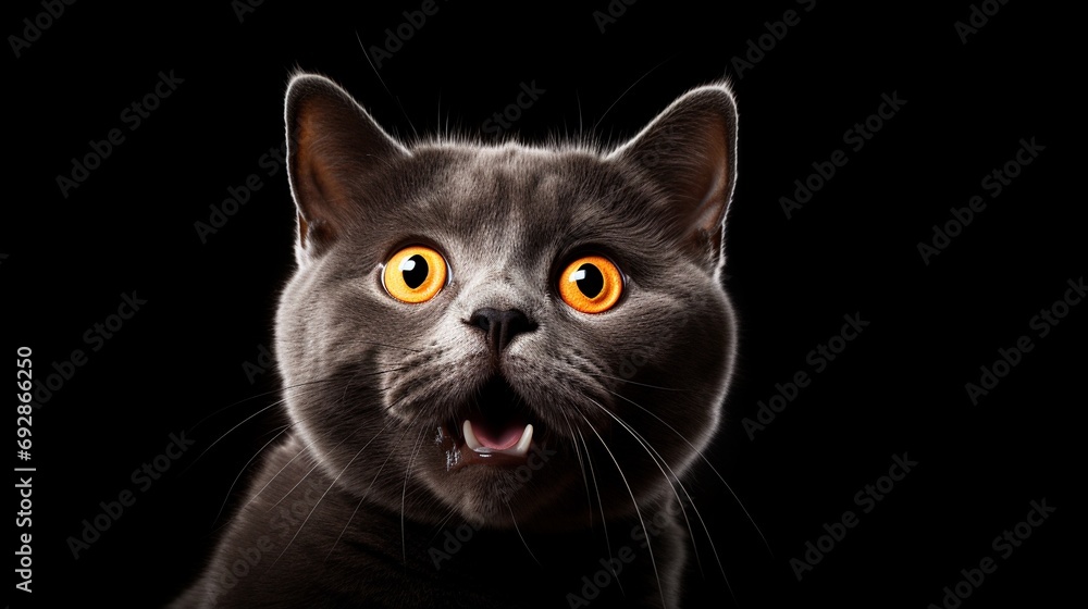 Young crazy funny surprised British short hair cat make big eyes and open mouth closeup on black background with copy space, funny animal portrait.