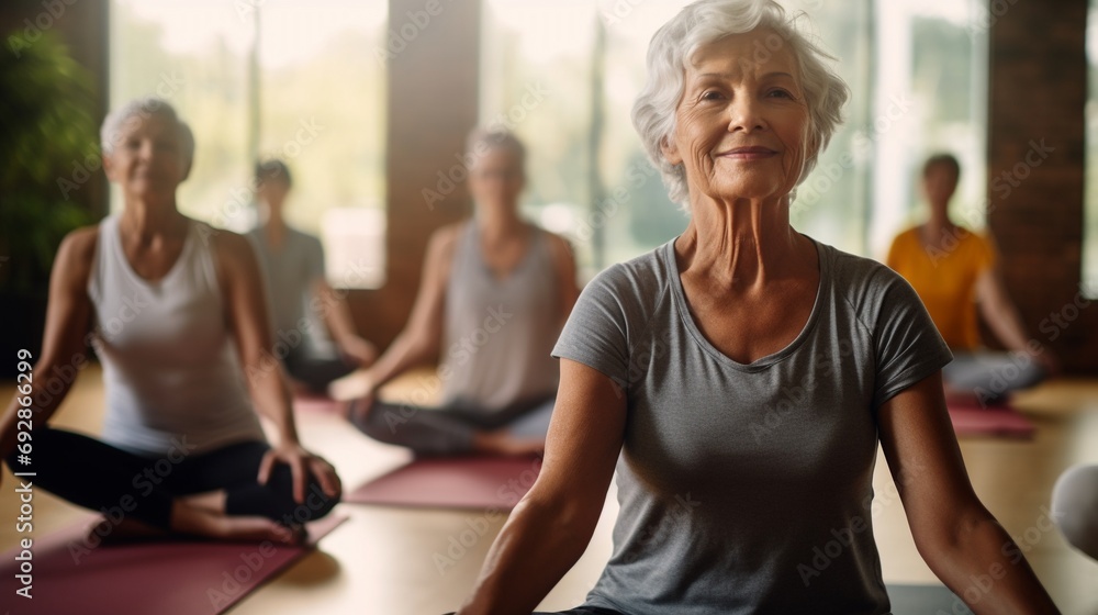 Pilates, wellness and group of senior women doing a mind, body and spiritual exercise in studio. Health, retirement and elderly friends doing yoga workout in zen class for peace, balance and fitness. - obrazy, fototapety, plakaty 