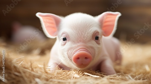 Close up of a white cute baby pig pet lying and wrapped under soft knitted blanket. Funny baby animal portrait. © JW Studio