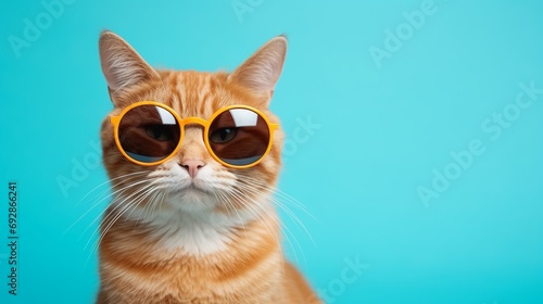 Closeup portrait of funny stylish ginger cat wearing sunglasses isolated on light cyan summer fresh background. Funny animal portrait with copy space.