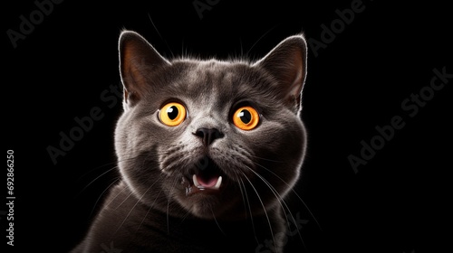Young crazy funny surprised British short hair cat make big eyes and open mouth closeup on black background with copy space, funny animal portrait.