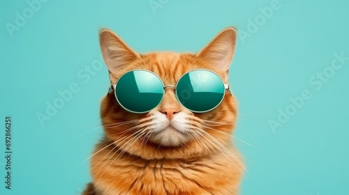 Closeup portrait of funny stylish ginger cat wearing sunglasses isolated on light cyan summer fresh background. Funny animal portrait with copy space. © JW Studio