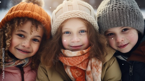 Group of kids wrapped up in warm clothes hugging together and have fun outdoor on snowy background, group of happy winter children playing together.