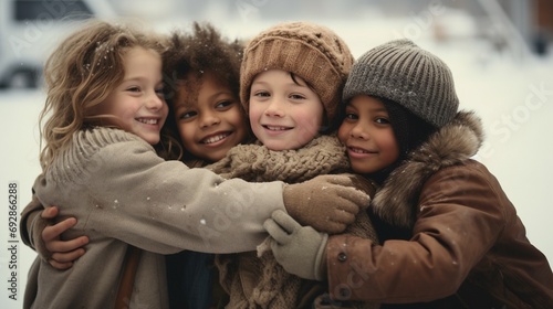Group of kids wrapped up in warm clothes hugging together and have fun outdoor on snowy background, group of happy winter children playing together. photo