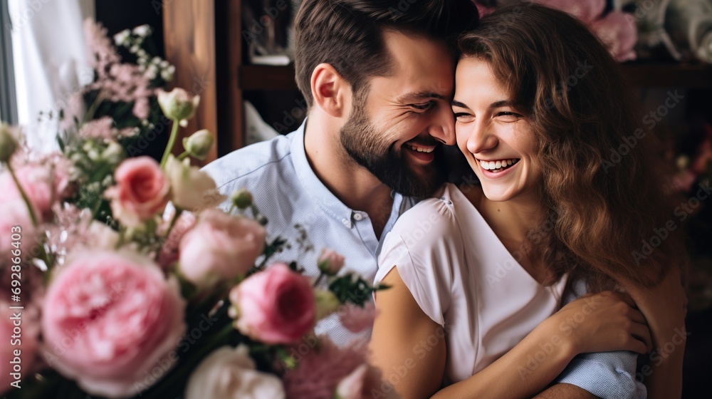 Cheerful couple wears engagement rings on Valentine's Day with large bouquet of pink flowers Cheerful couple wears engagement rings on Valentine's Day with large bouquet of pink flowers