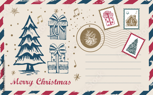 Christmas mail, postcard, hand drawn illustration. 