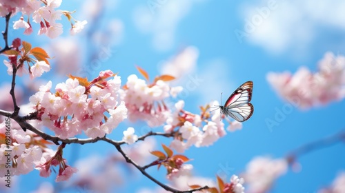 Cherry Blossoms Cherry blossom branches and colorful morpho butterflies contrast with the blue sky. The background is a mountain. © suteeda