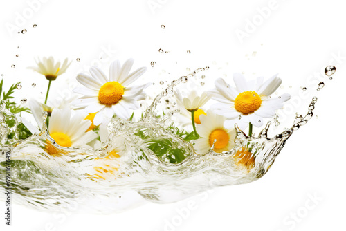 Water splash with chamomile flowers isolated on white background.