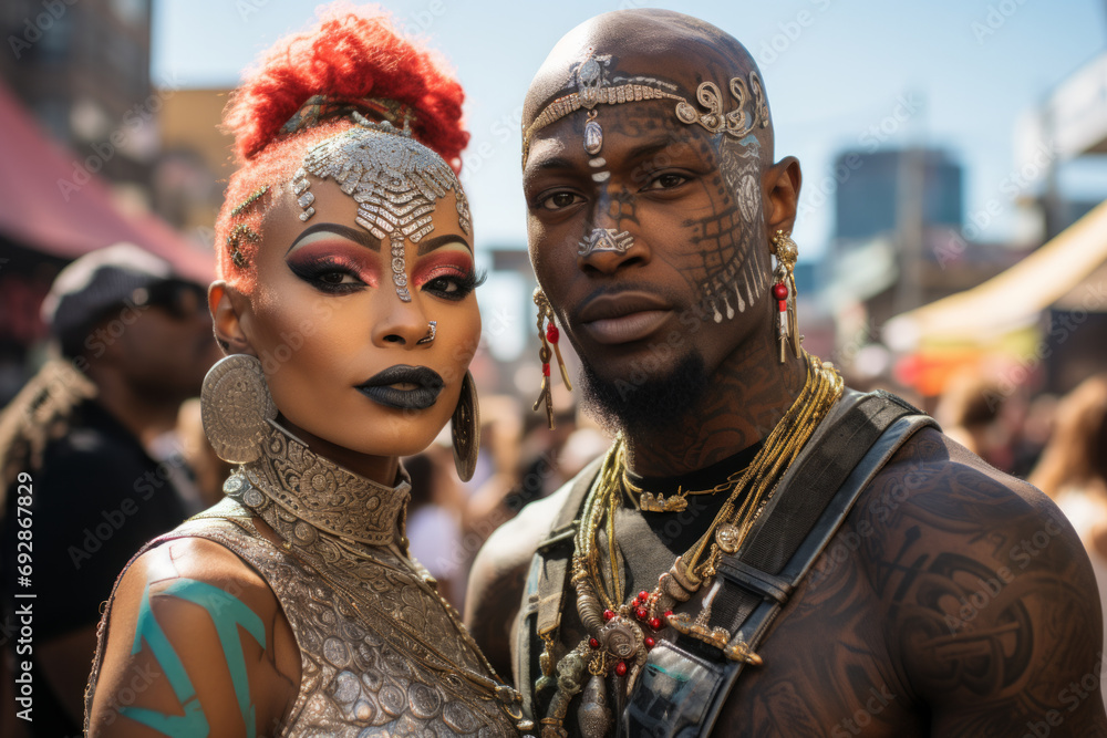 Couple of people with voodoo makeup, full-body tattoos, black african persons with afropunk or cyberpunk voodoo face tattooed