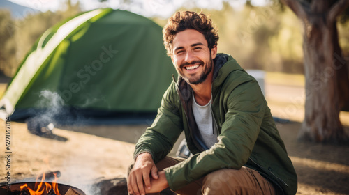 Fototapeta Naklejka Na Ścianę i Meble -  Portrait of happy captivating young man enjoying camping in a beautiful outdoor landscape with natural lighting
