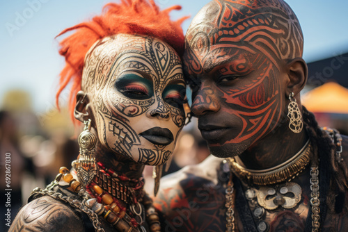 Couple of people with voodoo makeup, full-body tattoos, black african persons with afropunk or cyberpunk voodoo face tattooed