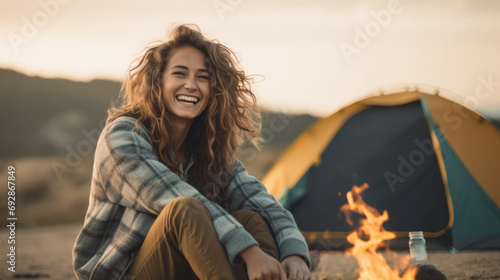 Portrait of happy captivating young woman enjoying camping in a beautiful outdoor landscape with natural lighting photo