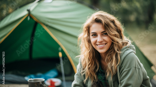 Portrait of happy captivating young woman enjoying camping in a beautiful outdoor landscape with natural lighting