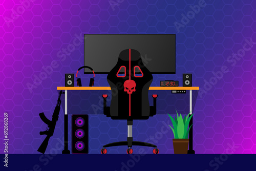 Gaming computer on desk in video gamer room office station vector illustration