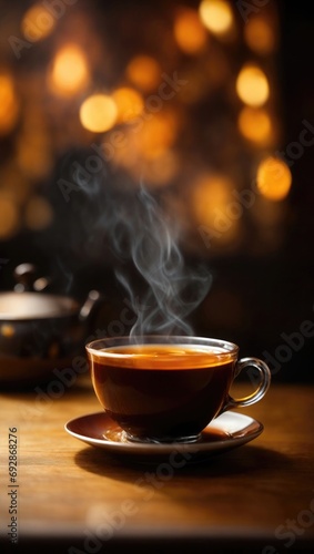 cup of coffee on the table with background fire blur and some Defocused Lights. 