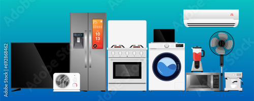 A set of household appliances: microwave oven, washing machine, refrigerator,fan,tv,coffee,laptop,air conditioner vector illustration