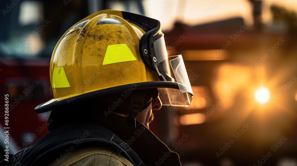 Close-up of a lone firefighter's helmet. yellow helmet firefighter - obrazy, fototapety, plakaty 