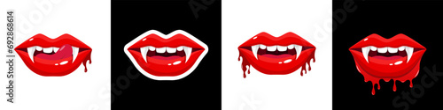 Set Mouth with a tongue licks teeth Vampire mouth open female red lips with long pointed canine teeth and blood illustration vector Bloody vampire lips