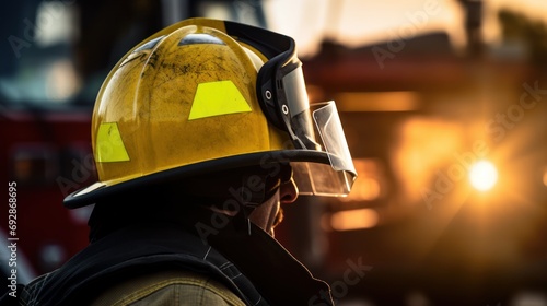 Close-up of a lone firefighter's helmet. yellow helmet firefighter photo