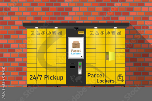 Automated parcel locker with self-service terminal display and mailbox cells - modern method of delivery. Vector illustration