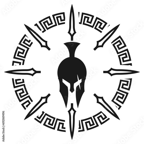 Black Spartan helmet with spear illustration vector