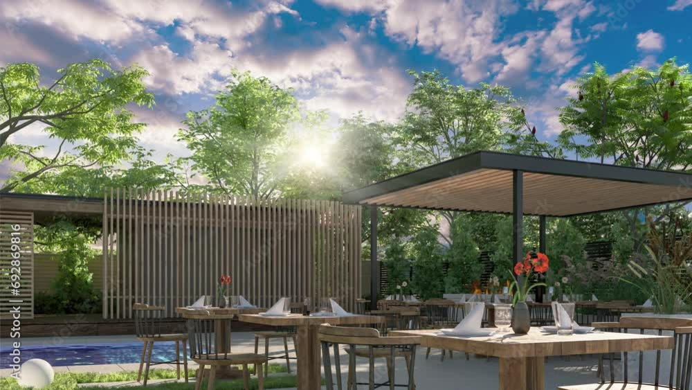 Outdoor Patio Restaurant with Sunny Sky in Background - loopable 3D visualization Outdoor Patio Restaurant with Sunny Sky in Background - loopable 3D visualization