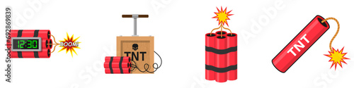 Set Tnt dynamite. Cartoon bomb with burning wick and explosive detonator, red stick mining blast charge, destroy firecracker fuse burning cable vector illustration