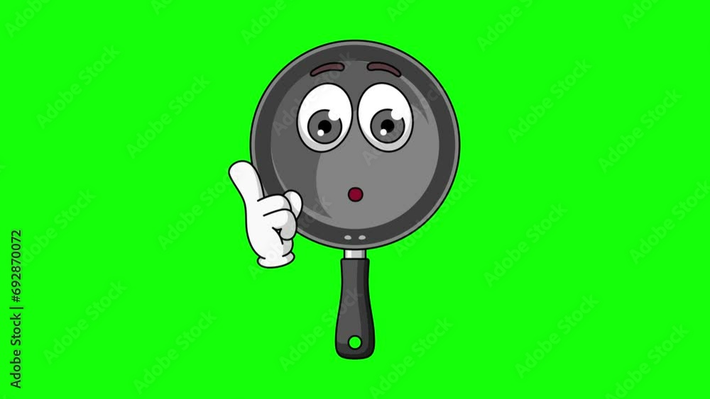 Animation of frying pan cartoon with a shushing face, finger over pursed lips Animation of frying pan cartoon with a shushing face, finger over pursed lips