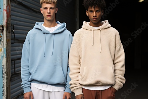shoot apparel streetwear beige sweater blue boys Teenage african american black boy casual attire clothes clothing design fashion front full body hoodie jumper long sleeve man people person photo