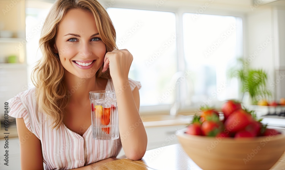 A Serene Moment: Woman Enjoying a Refreshing Glass of Water at the Table A Serene Moment: Woman Enjoying a Refreshing Glass of Water at the Table