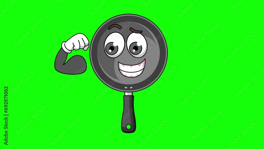Flexing muscle of frying pan cartoon, strong pose mascot animation on a green screen Flexing muscle of frying pan cartoon, strong pose mascot animation on a green screen