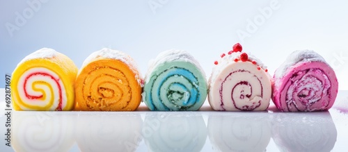 Close-up of colorful labeled sweet roll with chemical additives on a lab table. photo