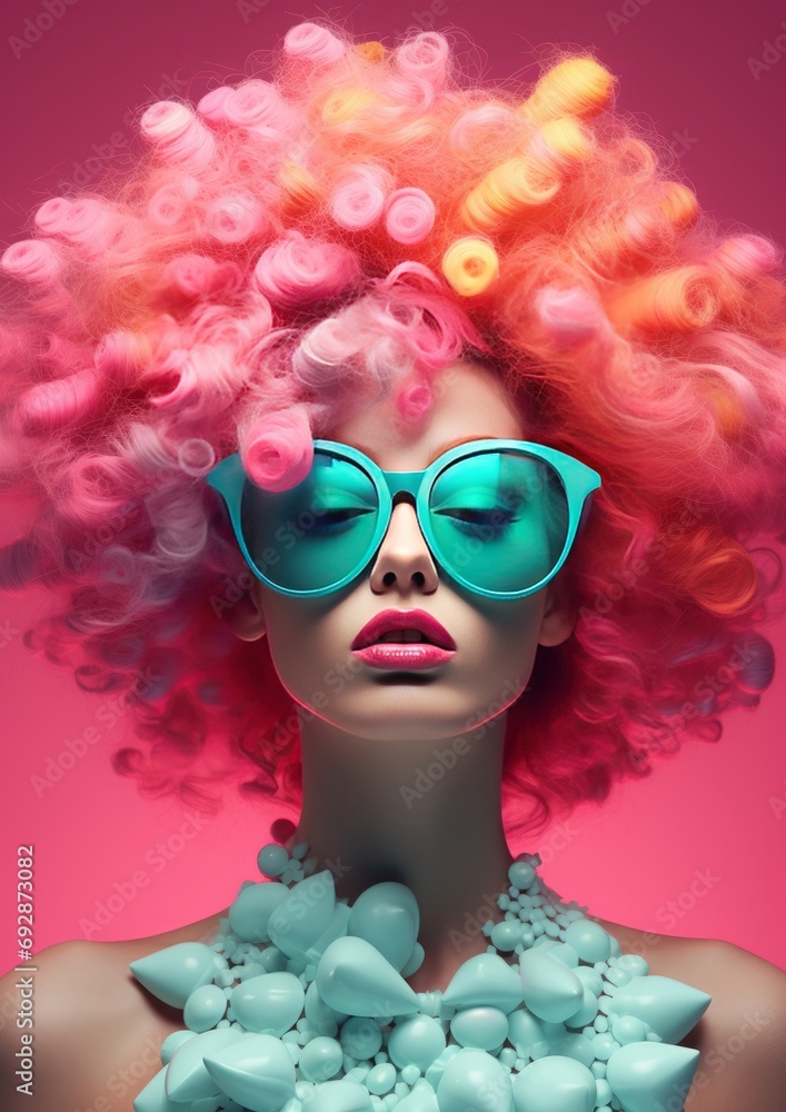 Fashion portrait of a beautiful young woman with pink hair and blue sunglasses. Generative Ai. Fashion portrait of a beautiful young woman with pink hair and blue sunglasses. Generative Ai.