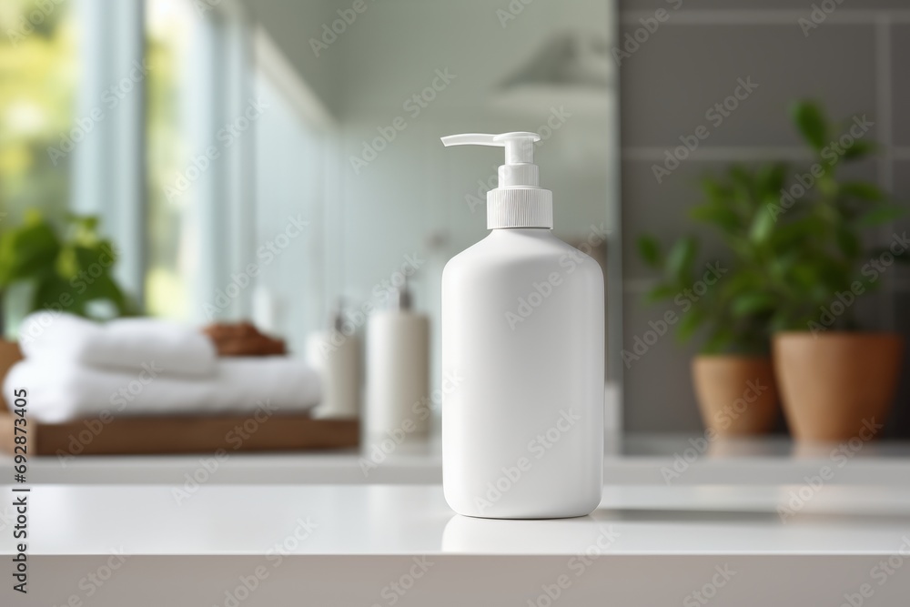 Product displayed on empty table with blurred bathroom background Product displayed on empty table with blurred bathroom background