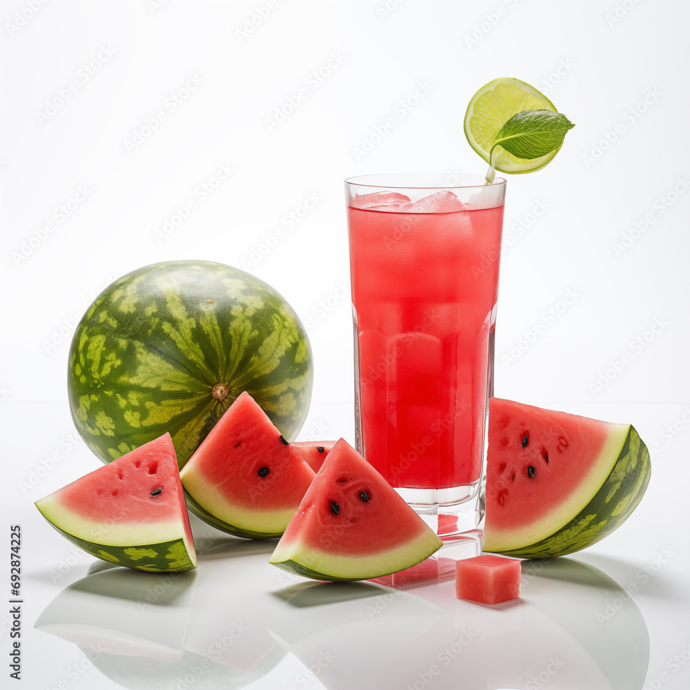 slice of watermelons with watermelon juice white table slice of watermelons with watermelon juice white table