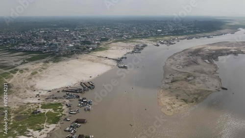AMAZON DROUGHT - Small town in the middle of the amazon rainforest aerial shot showing dry river with sand accumulation as water levels drop - climate change problem. Loc: Tefe, Amazonas. photo