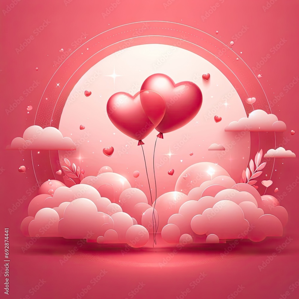 Creative pink heart balloon with vector clouds AI Generative