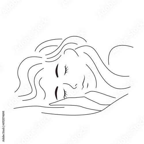 Vector illustration with a sleeping young woman. Line art beautiful girl slept.