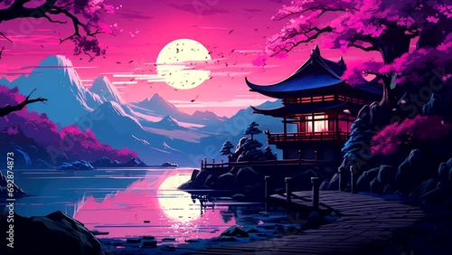 Beautiful scenery of asian temple with sakura cherry blossom tree, lake, japan, korean, chinese of  mountains Cartoon anime illustration style. seamless looping video animation background.  photo