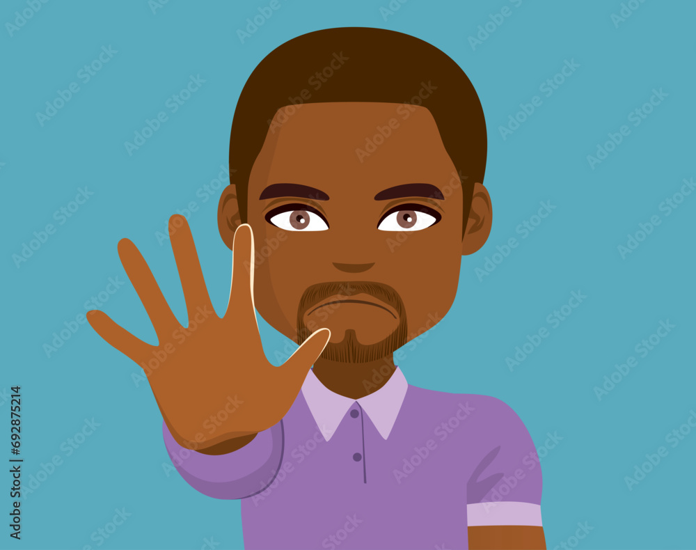 Man fighting discrimination vector illustration. Male person making stop gesture with open palm front view