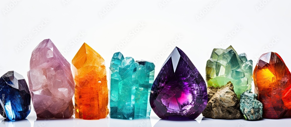 A collection of colorful gem crystals, like peridot, sulphur, garnet, rhodochrosite, amethyst, and tanzanite. - obrazy, fototapety, plakaty 