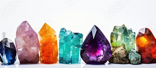 A collection of colorful gem crystals, like peridot, sulphur, garnet, rhodochrosite, amethyst, and tanzanite. photo