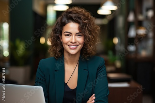 smiling woman business Successful portrait success happy fashionable casual attire young receptionist secretary apprentice assistant glamour fashion stylish looking latin hispanic computer photo