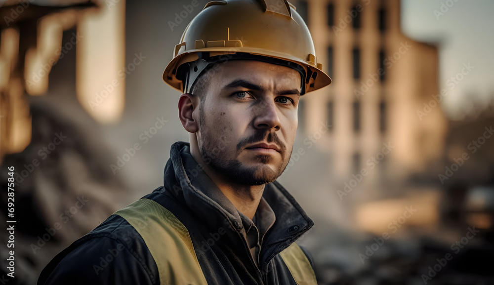 An engineer in a construction uniform on the background of a construction site in the city. generative AI. An engineer in a construction uniform on the background of a construction site in the city. generative AI.