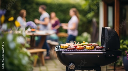 Barbeque grill in the garden and blurred friends in background  photo