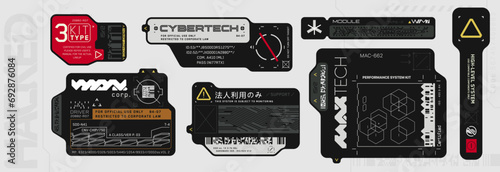 Cyberpunk decals set. Set of vector stickers and labels in futuristic style. Inscriptions and symbols, Japanese hieroglyphs for Corporate use only