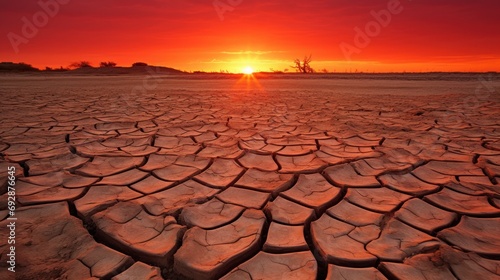 Drought cracks Telephoto lens, red sky