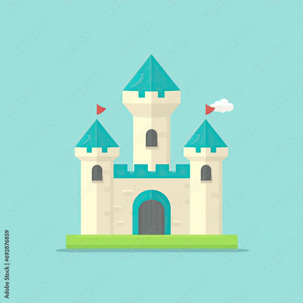 Flat illustration of a fairytale castle in the sky. Magic world. Simple illustration, graphics, of a castle and rook tower. Red flags. Game design. Kingdom. Princess. Cloud. Adventures. Game level 