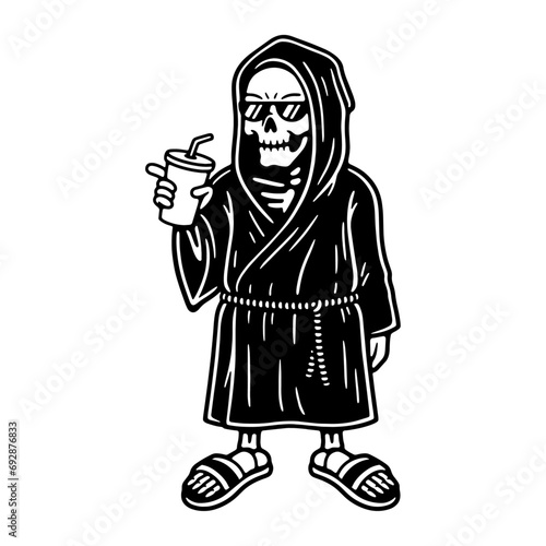 CARTOON GRIM REAPER WITH SUNGLASSES AND COCKTAIL BLACK WHITE BACKGROUND